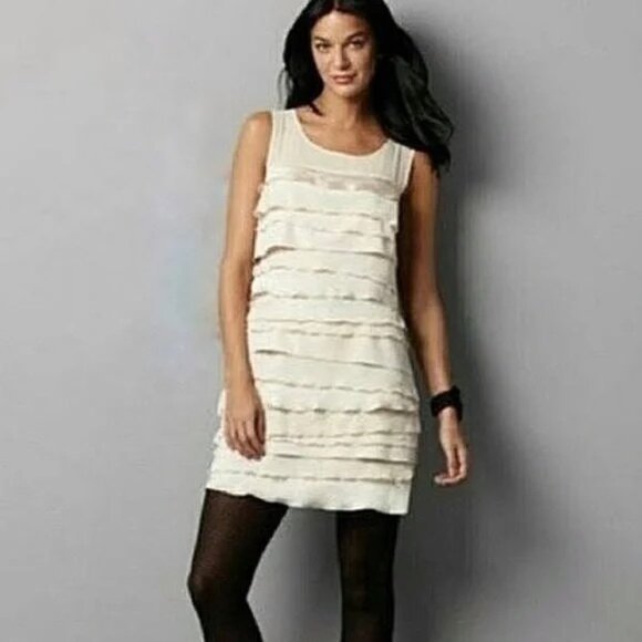 LOFT Tiered Dress Size 4 Velvet Satin Chiffon Layered Sleeveless Cream - Picture 7 of 8
